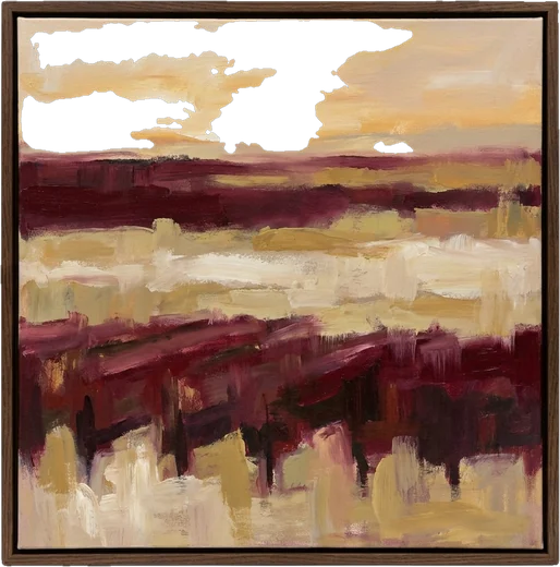 Framed painting: a large square framed abstract painting of a vineyard at dusk in bands of deep wine red