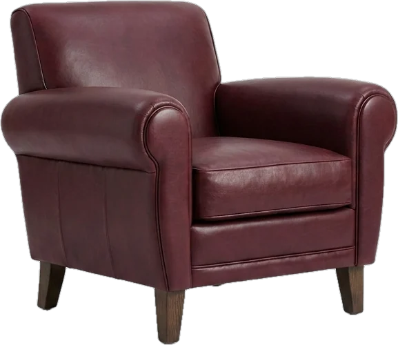 Lounge chair: club armchair in deep burgundy wine leather with rounded arms on short dark oak legs