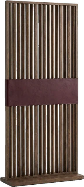 Room divider: room divider about 190 cm high made of vertical dark oak slats with a deep burgundy leather pane