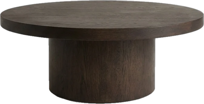 Coffee table: round coffee table about 35 cm high in dark oak with a thick round top on a round pedestal