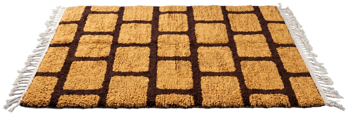 Brick Crossing wool rug with grid lines in brown on ochre, laid flat