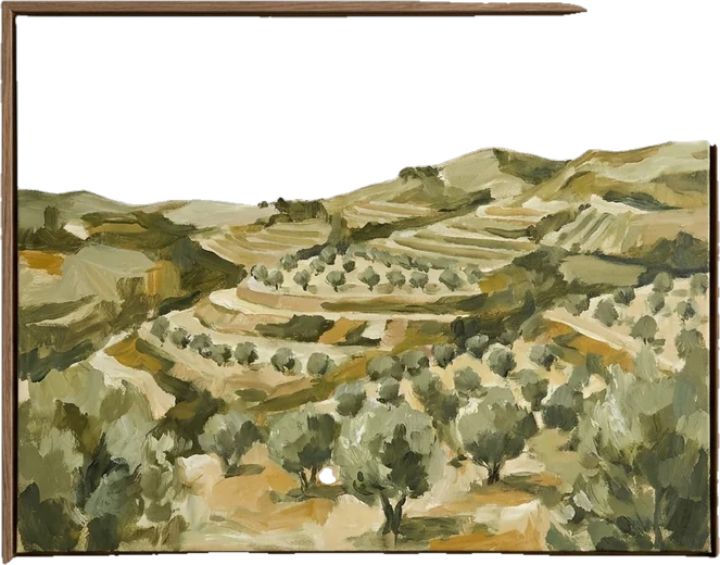 Framed painting: abstract landscape painting of terraced olive groves on soft hills in olive