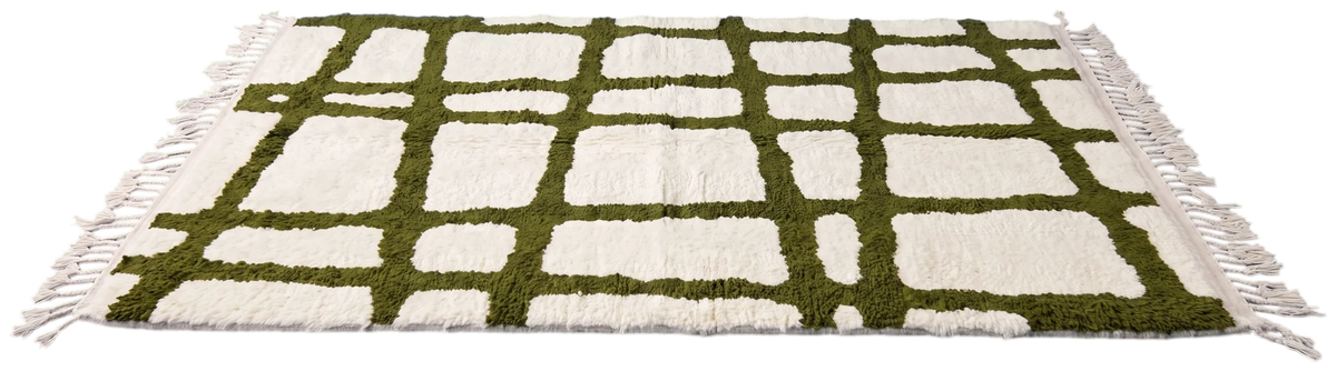 Leaning Crossing wool rug with grid lines in olive on cream, laid flat