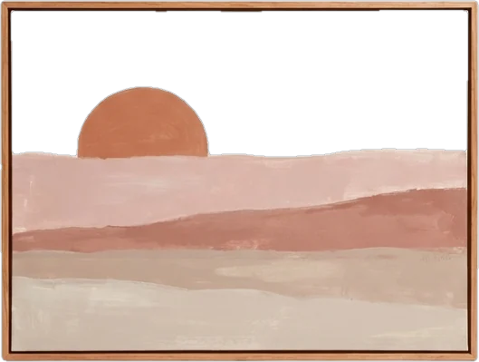 Framed painting: abstract painting of a single low terracotta sun over soft rose and clay desert layers