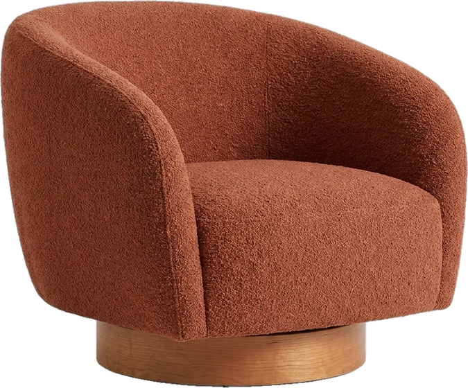 Lounge chair: barrel-back lounge chair upholstered in terracotta-rust wool boucle