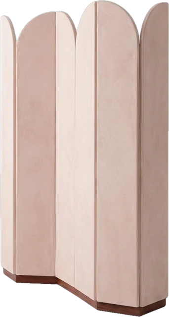 Room divider: curved room divider about 190 cm high made of blush-pink tinted plaster-finish panels with round