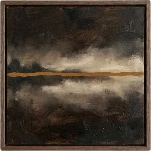 Framed painting: a large square framed abstract painting of a dark espresso night landscape with one ochre hor