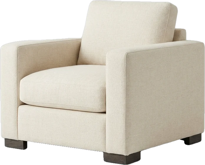 Lounge chair: square-armed club armchair in natural cream linen with a loose seat cushion