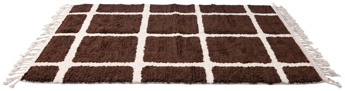 Pane Crossing wool rug with grid lines in cream on espresso, laid flat