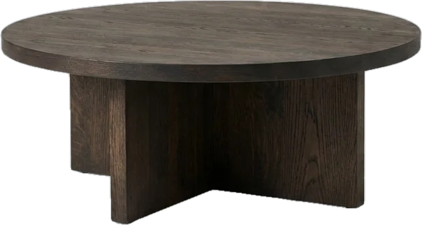 Coffee table: round coffee table about 35 cm high in dark smoked oak with a thick round top and a cross-shaped