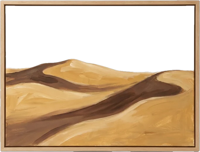 Framed painting: abstract painting of sweeping golden ochre sand dunes with chocolate-brown shadow curves unde