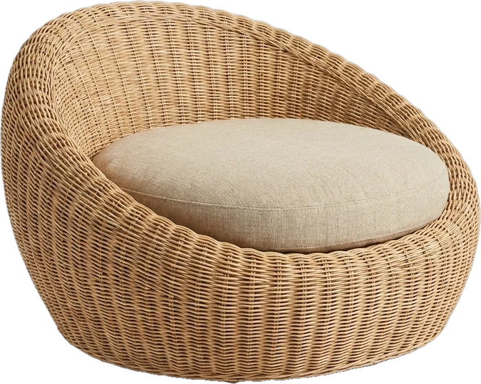 Lounge chair: rounded lounge chair woven in natural rattan with a thick sand-coloured linen seat cushion