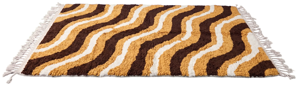 Drift Tide wool rug with wavy lines in brown and cream on ochre, laid flat