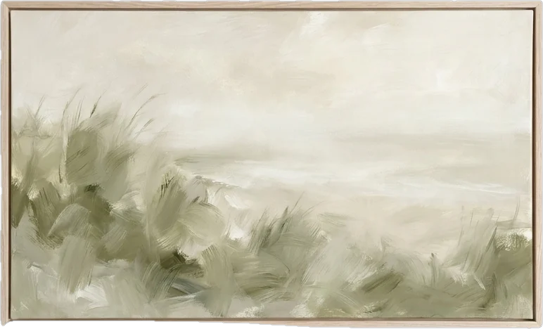 Framed painting: abstract seascape painting of soft olive and sage dune grass in the foreground and a misty cr