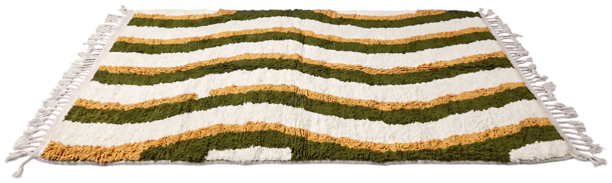 Current Tide wool rug with wavy lines in olive and ochre on cream, laid flat