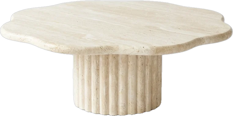 Coffee table: round coffee table about 36 cm high with a thick wavy-edged cream travertine top on a round flut