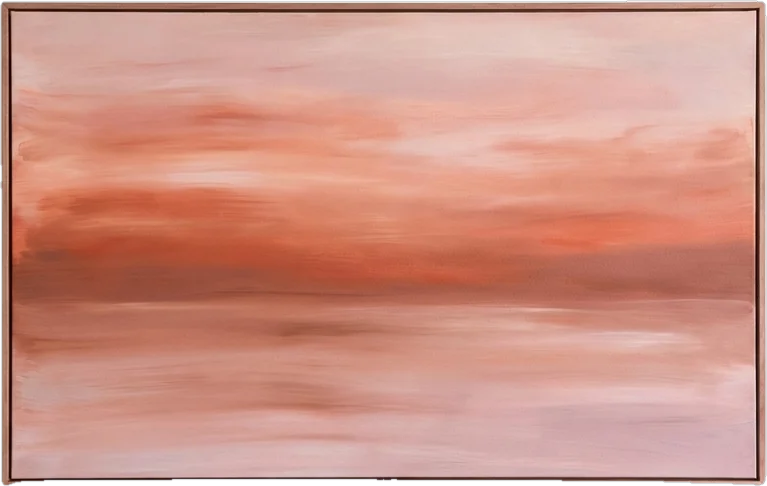 Framed painting: abstract painting of a coral and terracotta sunset sky melting into a calm blush sea