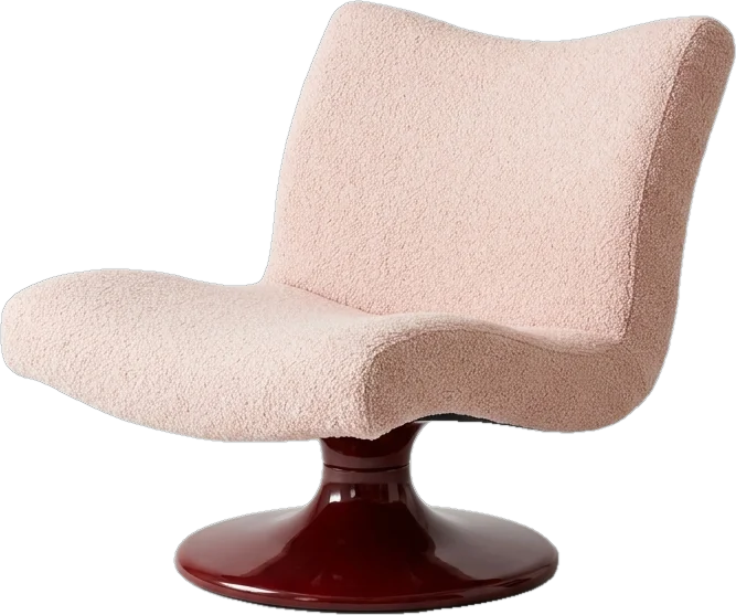 Lounge chair: sculptural lounge chair with a curved wave-shaped back upholstered in shell-pink wool boucle on 