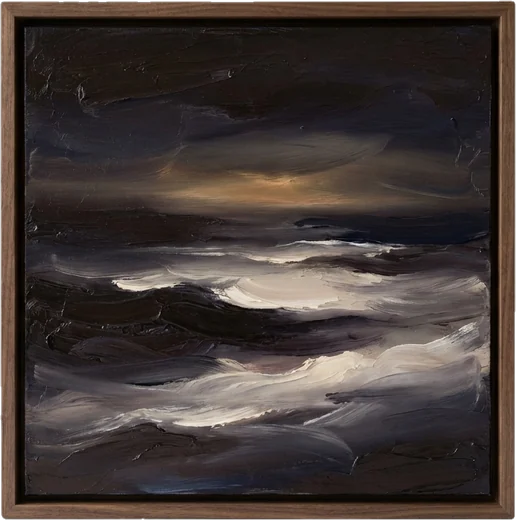 Framed painting: a large square framed abstract painting of a dark espresso night sea with soft cream moonlit 