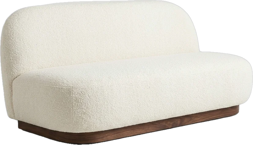 Lounge chair: curved two-seater sofa in bone-white wool boucle with a continuous rounded back on a recessed da