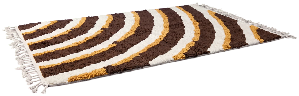 Pool Tide wool rug with wavy lines in cream and ochre on espresso, laid flat