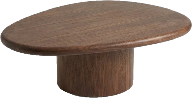Coffee table: round coffee table about 35 cm high in dark walnut with a smooth pebble-like rounded top and a s