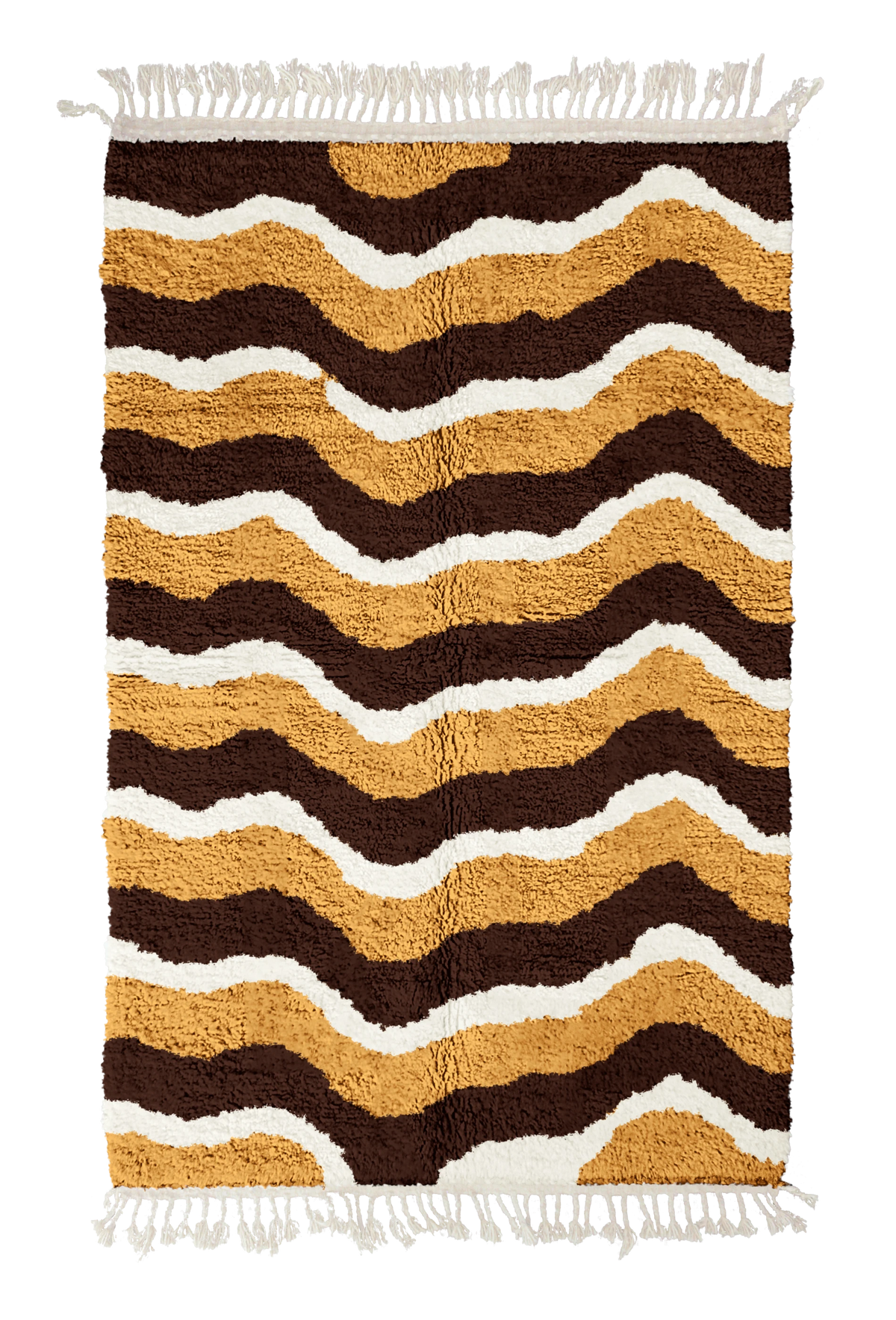 Crest Tide wavy wool rug, dark brown waves and cream lines on ochre yellow, full view
