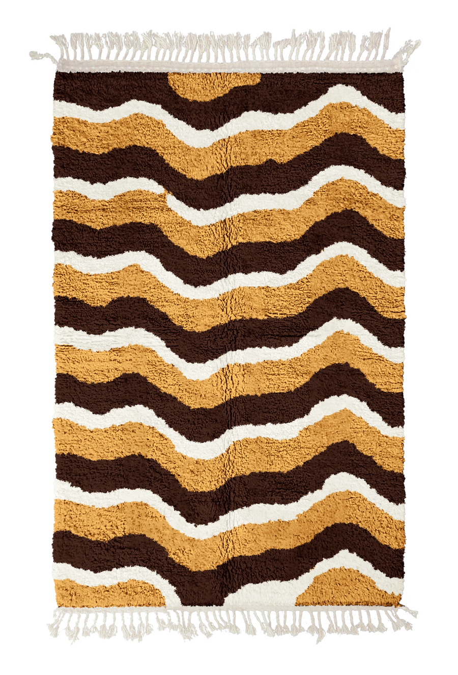 Crest Tide wavy wool rug, dark brown waves and cream lines on ochre yellow, full view