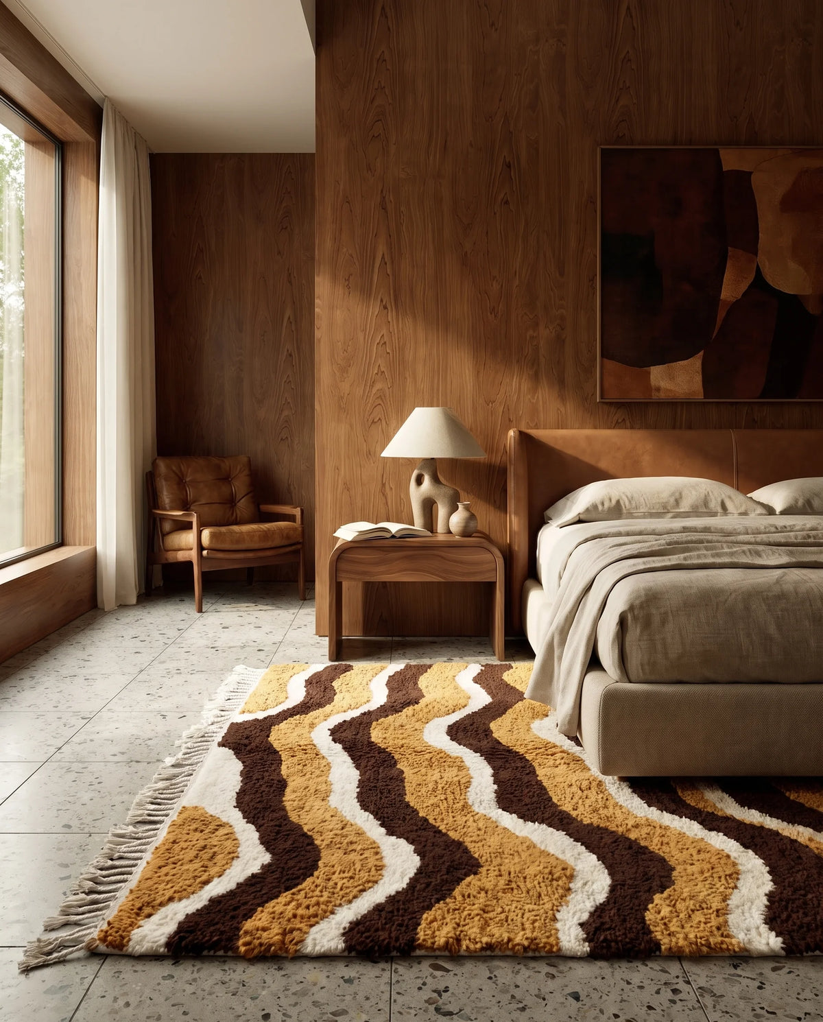 Brown, Cream and Ochre Yellow wavy wool rug in a furnished room