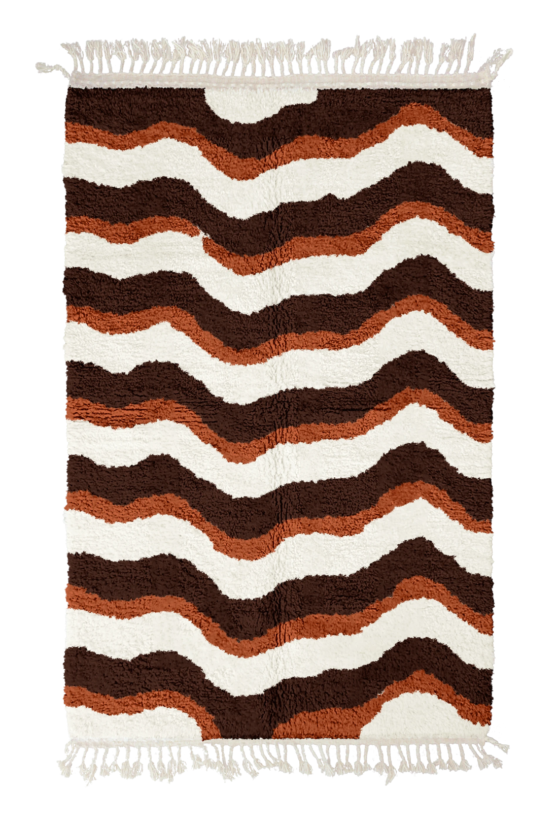 Crest Tide wavy wool rug, dark brown waves and terracotta lines on cream, full view