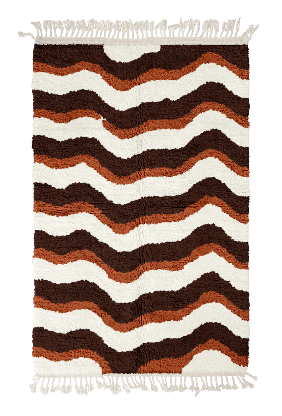 Crest Tide wavy wool rug, dark brown waves and terracotta lines on cream, full view