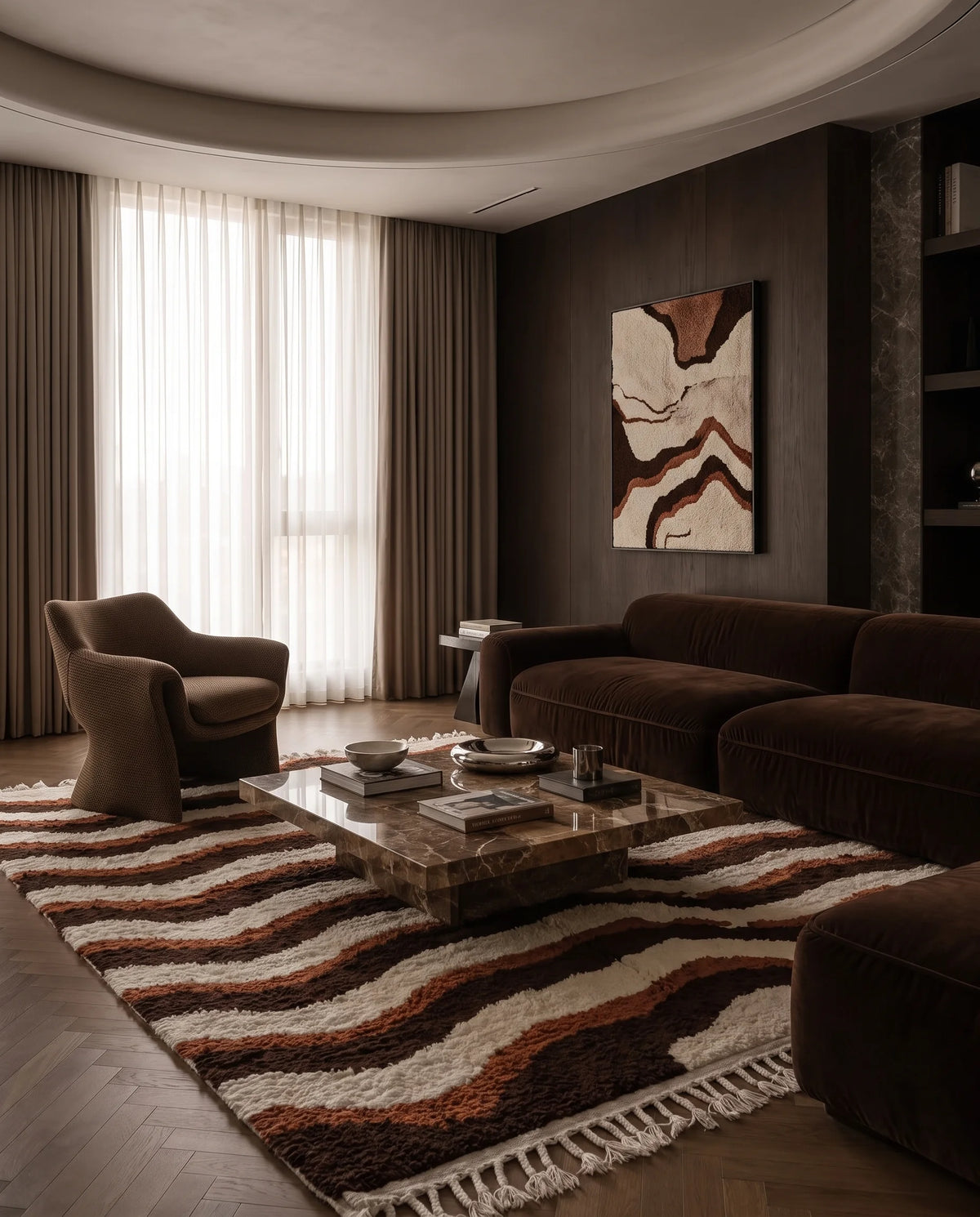 Brown, Terracotta and Cream wavy wool rug in a furnished room