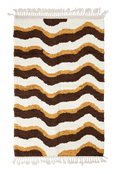 Load image into Gallery viewer, Crest Tide wavy wool rug, cream waves and ochre yellow lines on dark espresso brown, full view
