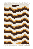 Crest Tide wavy wool rug, cream waves and ochre yellow lines on dark espresso brown, full view