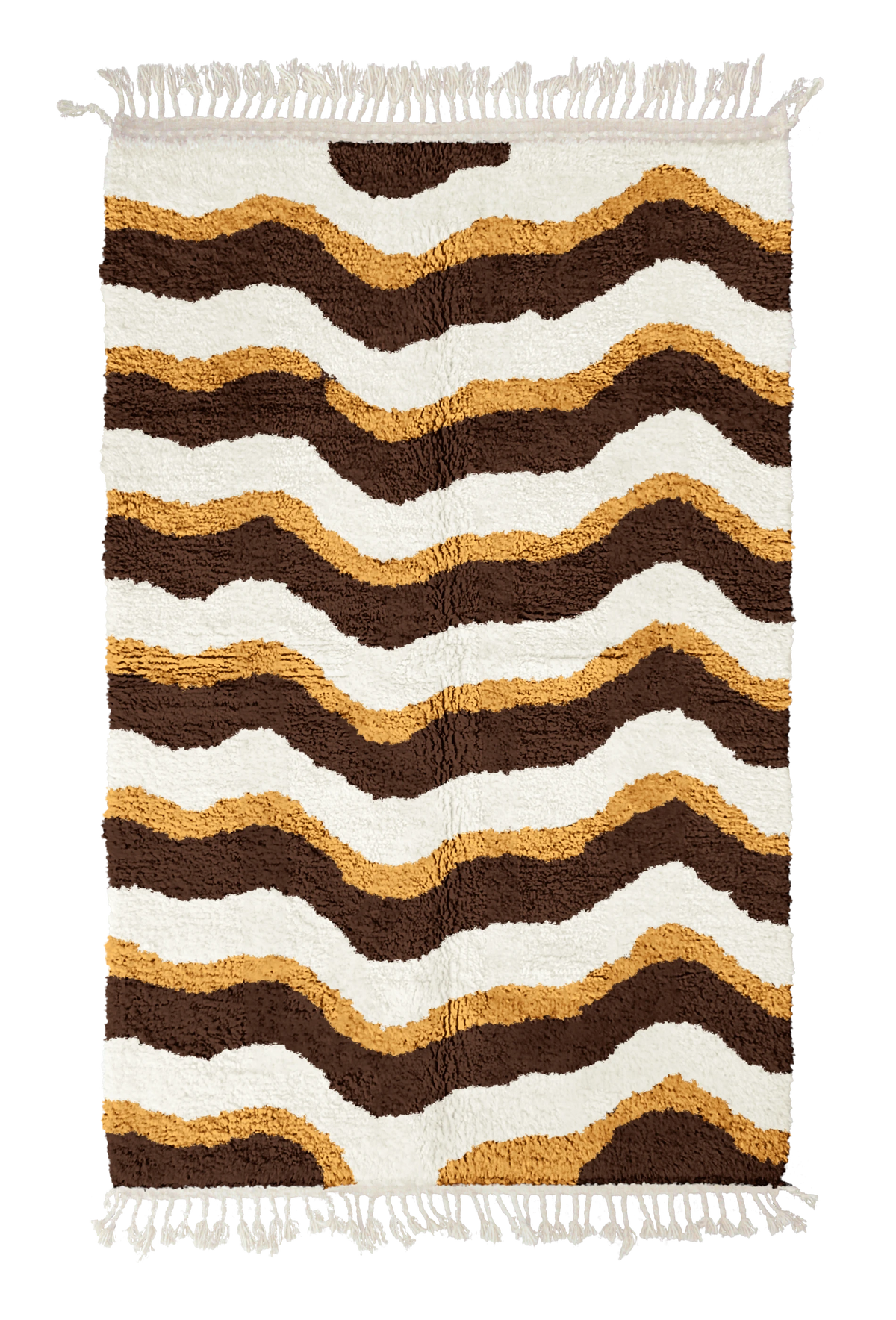 Crest Tide wavy wool rug, cream waves and ochre yellow lines on dark espresso brown, full view