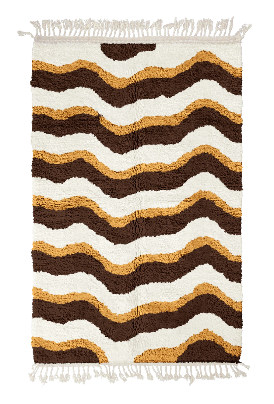 Crest Tide wavy wool rug, cream waves and ochre yellow lines on dark espresso brown, full view