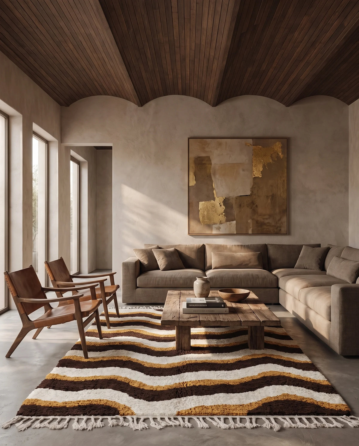 Cream, Ochre Yellow and Dark Brown wavy wool rug in a furnished room