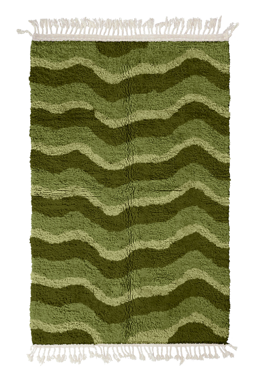 Crest Tide wavy wool rug, moss green waves and sage olive lines on olive green, full view