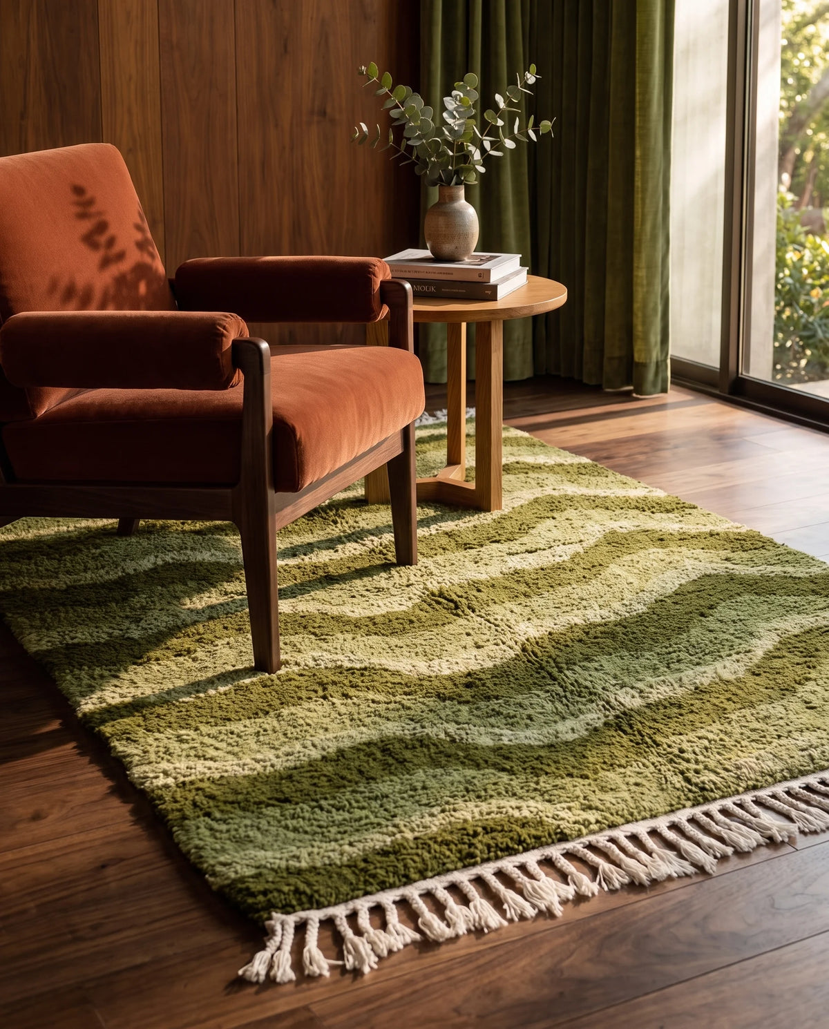 Moss, Sage and Olive Green wavy wool rug in a furnished room