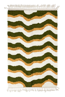 Crest Tide wavy wool rug, olive green waves and ochre yellow lines on cream, full view