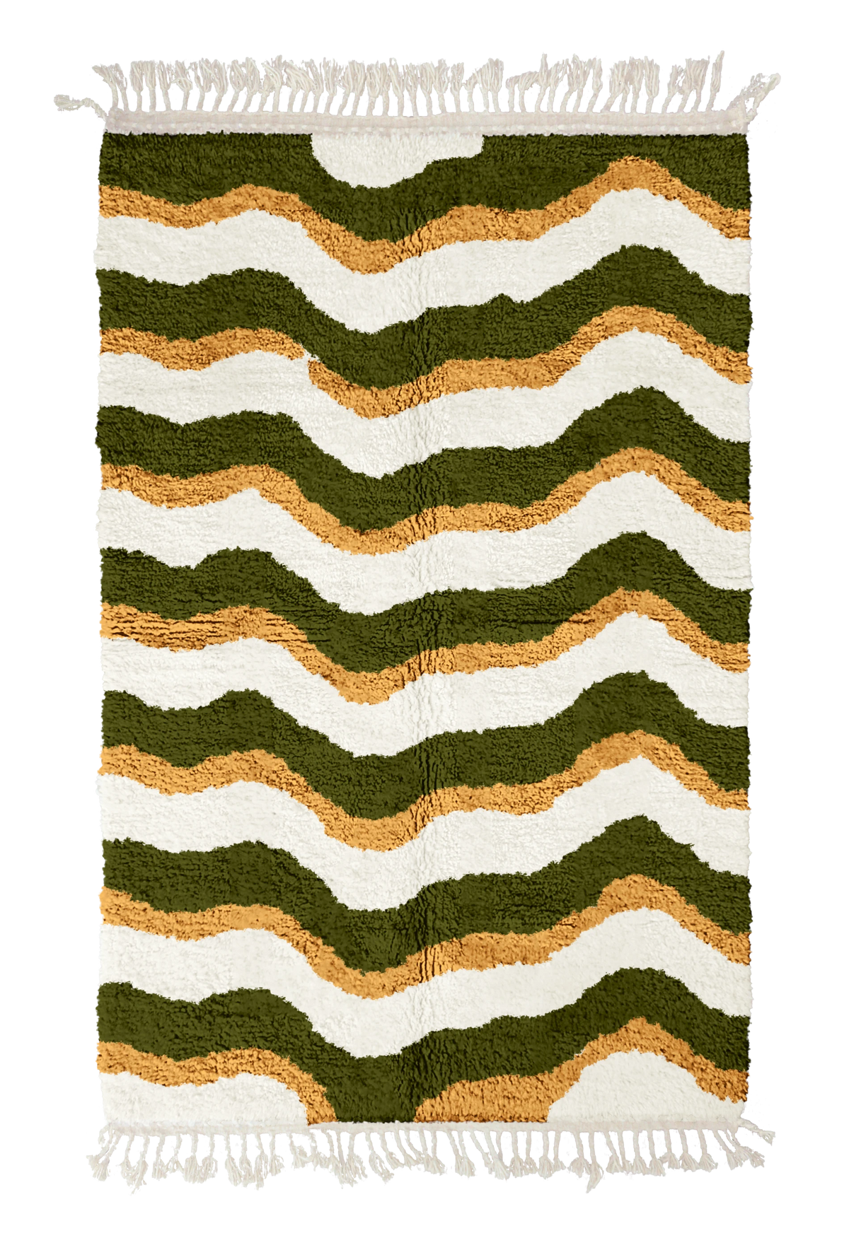 Crest Tide wavy wool rug, olive green waves and ochre yellow lines on cream, full view