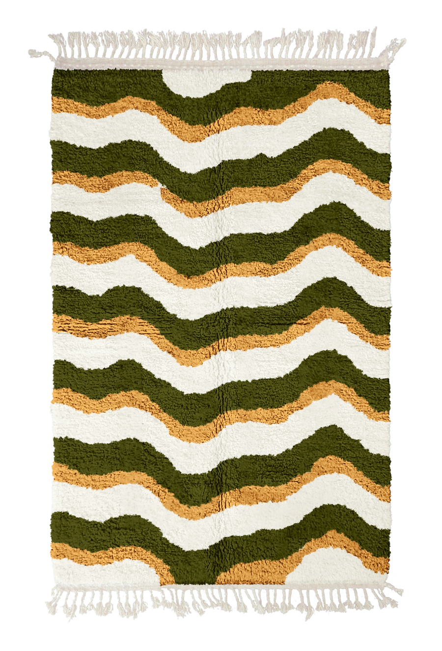 Crest Tide wavy wool rug, olive green waves and ochre yellow lines on cream, full view