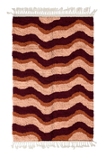 Load image into Gallery viewer, Crest Tide wavy wool rug, oxblood red waves and terracotta lines on blush pink, full view
