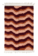 Crest Tide wavy wool rug, oxblood red waves and terracotta lines on blush pink, full view