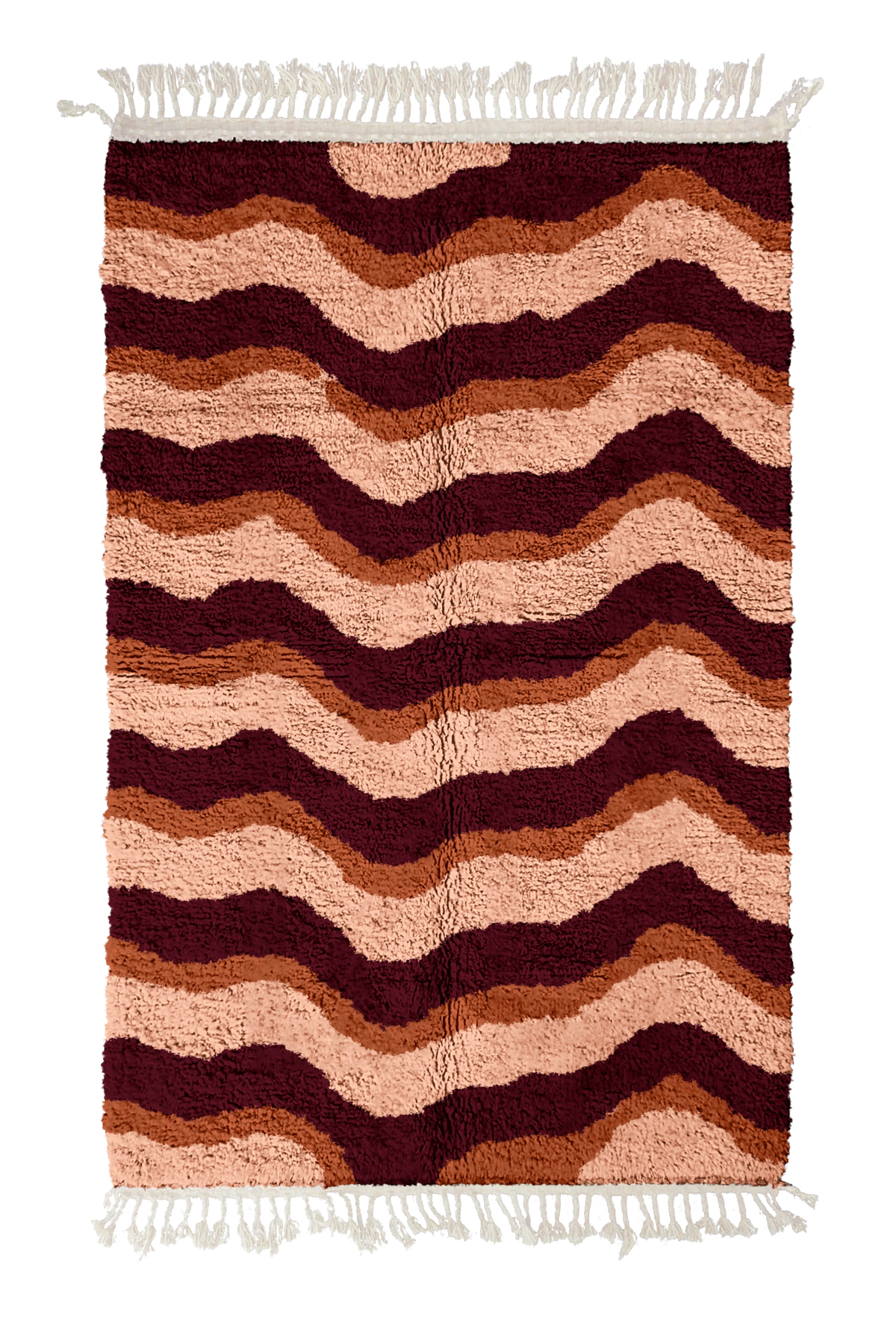 Crest Tide wavy wool rug, oxblood red waves and terracotta lines on blush pink, full view