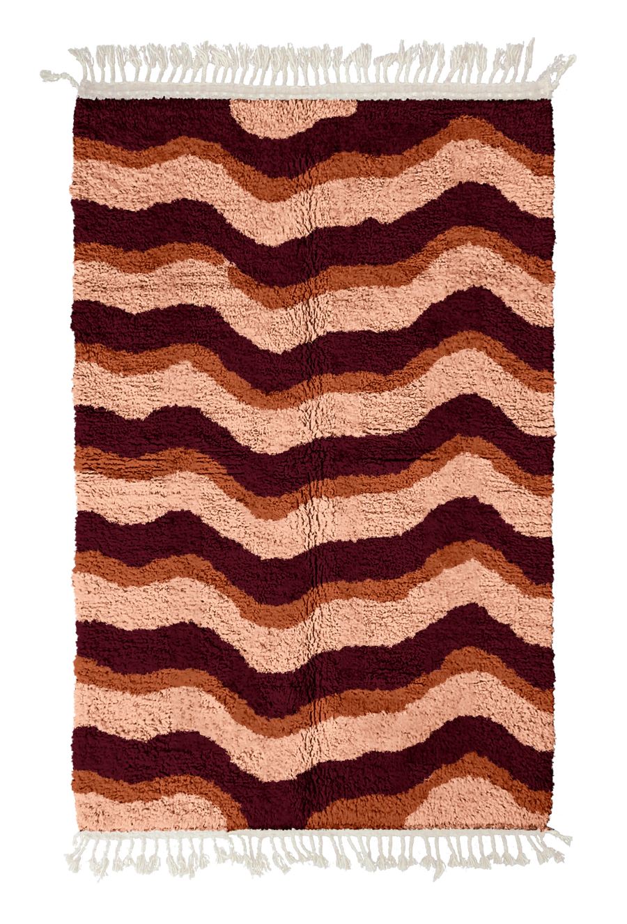 Crest Tide wavy wool rug, oxblood red waves and terracotta lines on blush pink, full view