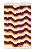 Load image into Gallery viewer, Crest Tide wavy wool rug, burgundy waves and ochre yellow lines on cream, full view

