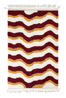 Crest Tide wavy wool rug, burgundy waves and ochre yellow lines on cream, full view