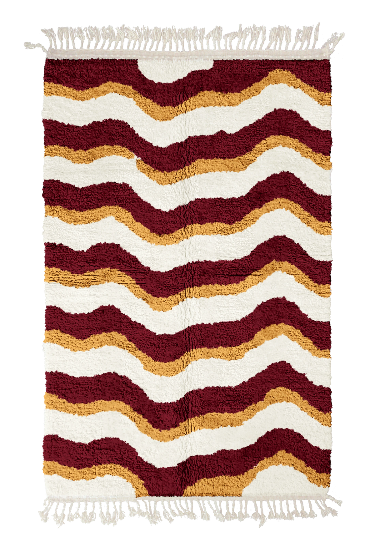 Crest Tide wavy wool rug, burgundy waves and ochre yellow lines on cream, full view