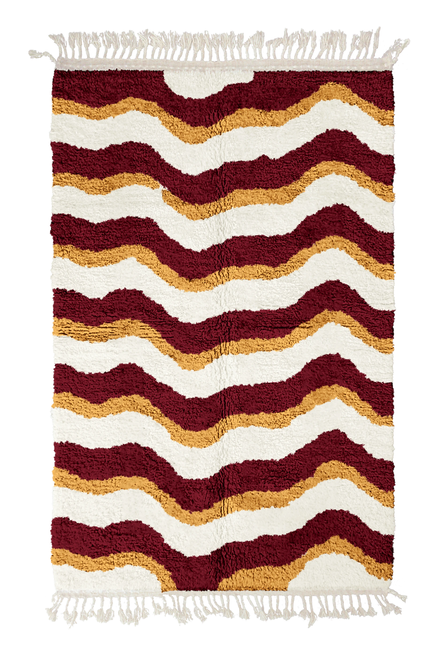 Crest Tide wavy wool rug, burgundy waves and ochre yellow lines on cream, full view